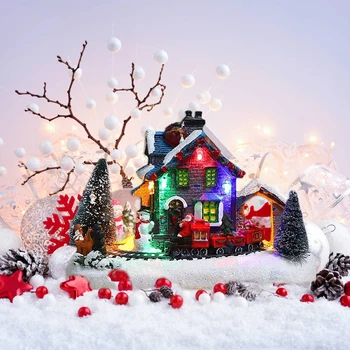 Цветен Led Лампа Коледна Снежна Сцена Влак Селска Къща С Блеснали Украшение От Смола Фигурка За Украса Занаяти Коледни Подаръци За Нова Година